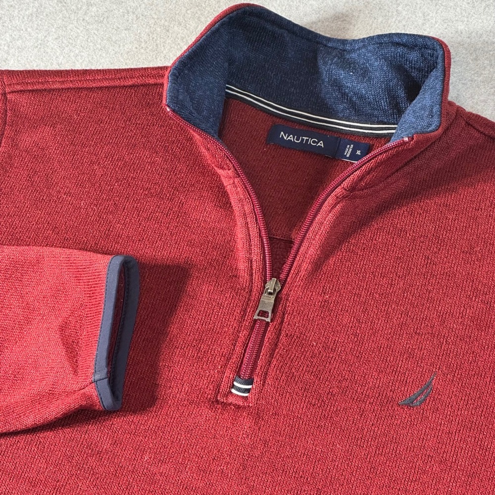 Nautica Mens XL Red Heather Quarter Zip Pullover Sweater Navy Trim Logo